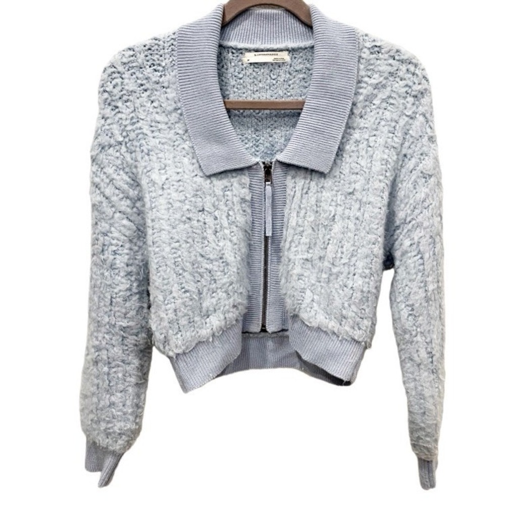 Anthropologie Powder Blue Textured Wool Blend Zip Cropped Cardigan Small Petite